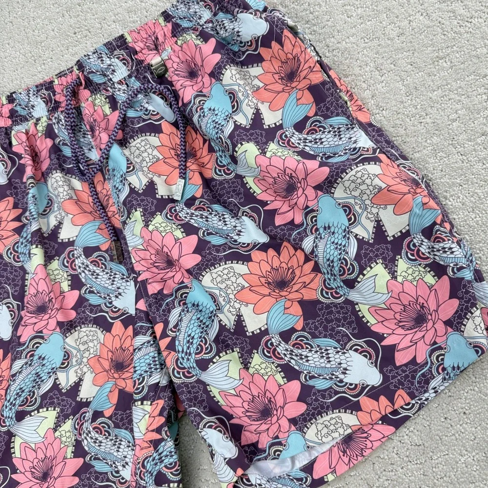 Portomar Mens Swim Trunks Large Purple Koi Fish Lotus Floral Mesh Lined Colombia